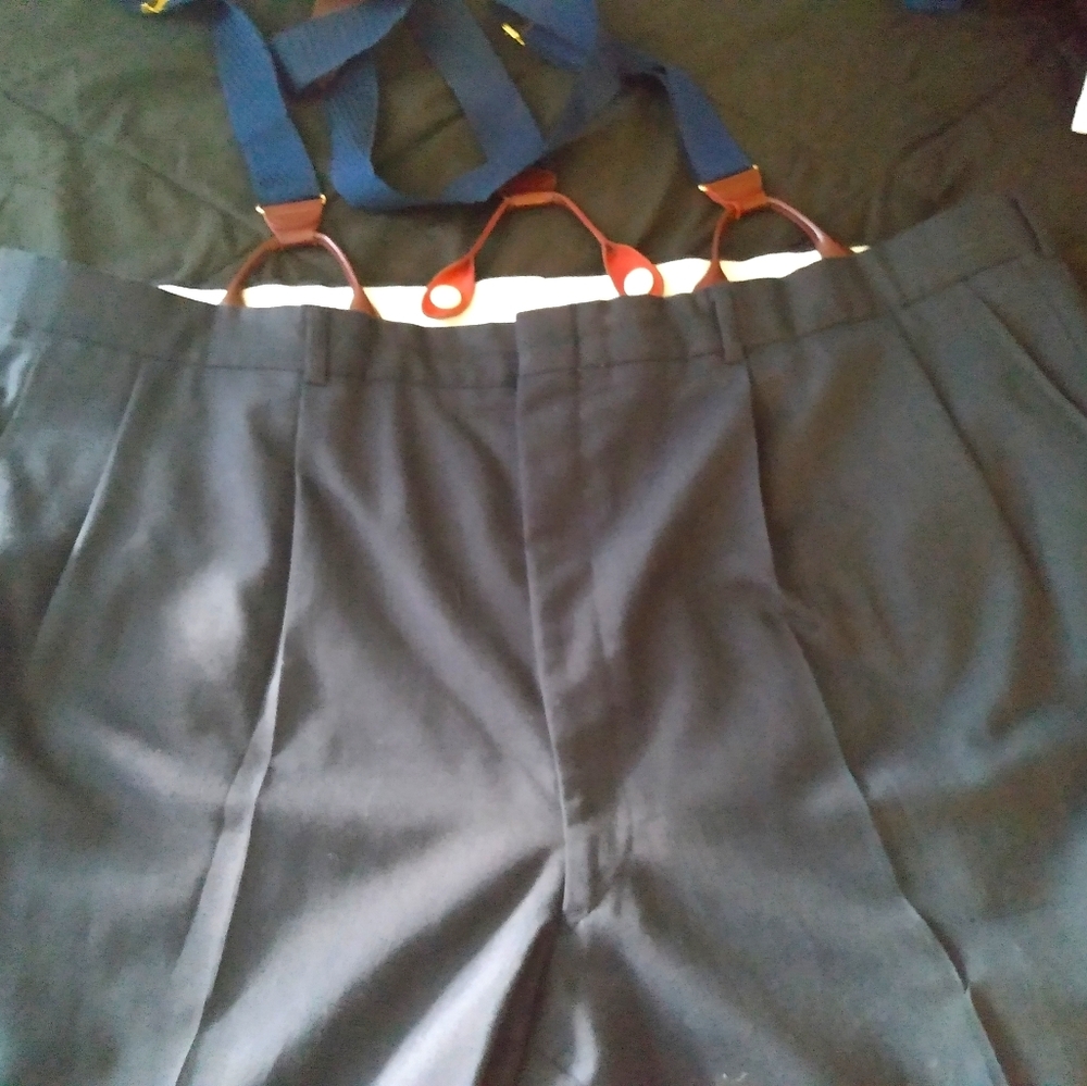 💥Grey Suit pants with leather detail suspenders